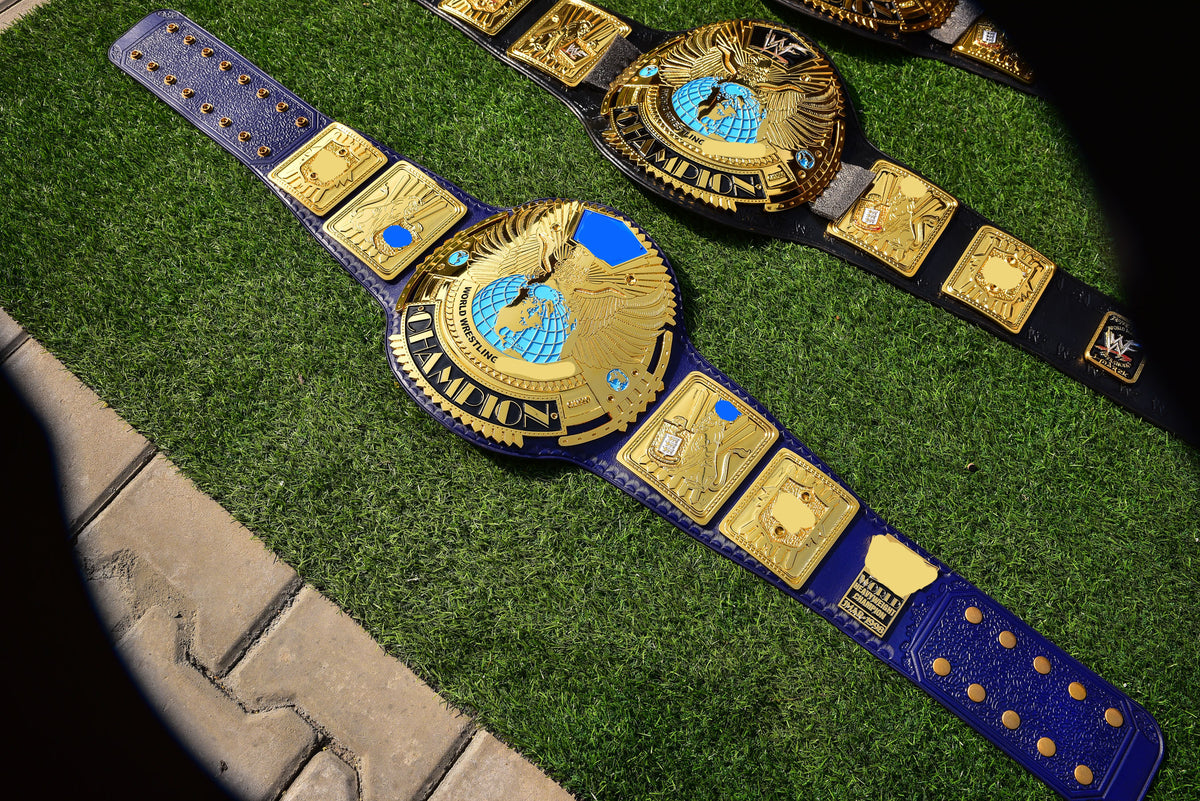 1998 W-W-F Block Logo Big Eagle Title Belt with Blue Leather Strap and Croc Backing