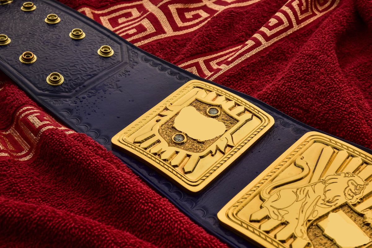 1998 W-W-F Block Logo Big Eagle Title with Blue Leather, Croc Backing, 5x8 Snaps and Wide Gaps