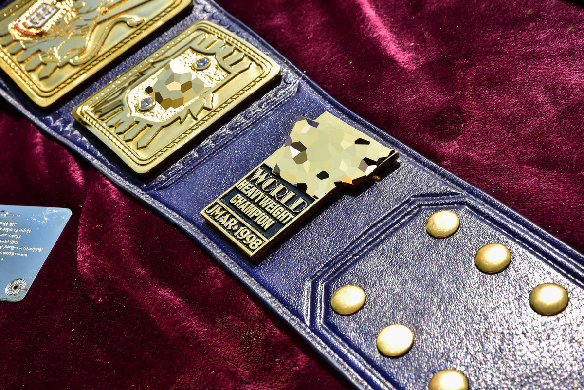 1998 W-W-F Block Logo Big Eagle Title with Blue Leather, Croc Backing, 7x10 plain snap box