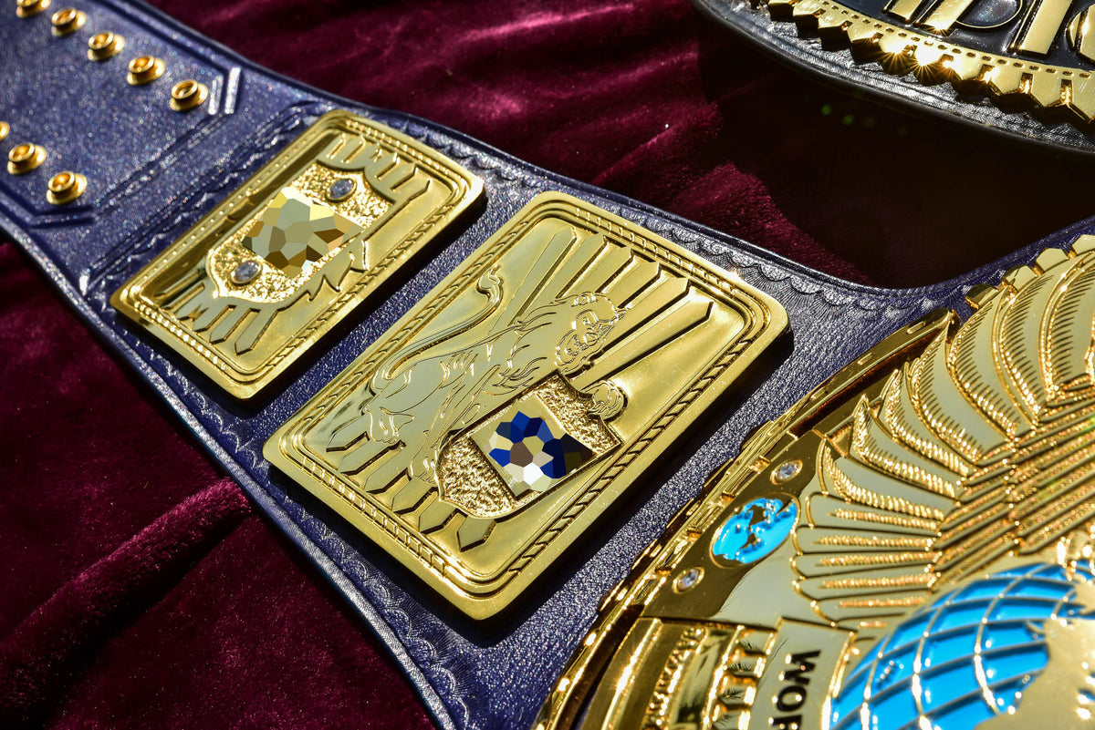 1998 W-W-F Block Logo Big Eagle Title with Blue Leather, Croc Backing, 7x10 plain snap box