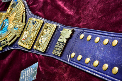 1998 W-W-F Block Logo Big Eagle Title with Blue Leather, Croc Backing, 7x10 plain snap box