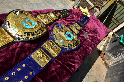 1998 W-W-F Block Logo Big Eagle Title with Blue Leather, Croc Backing, 7x10 plain snap box
