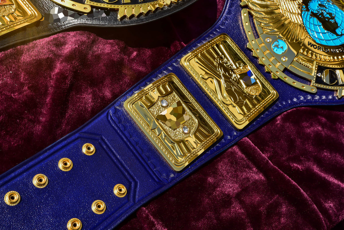 1998 W-W-F Block Logo Big Eagle Title with Blue Leather, Croc Backing, 7x10 plain snap box