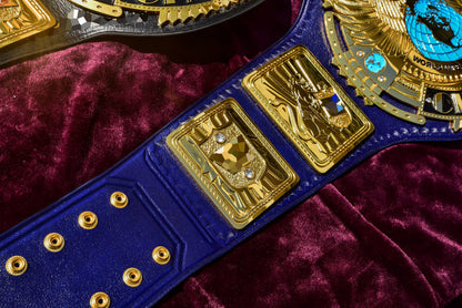 1998 W-W-F Block Logo Big Eagle Title with Blue Leather, Croc Backing, 7x10 plain snap box