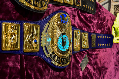 1998 W-W-F Block Logo Big Eagle Title with Blue Leather, Croc Backing, 7x10 plain snap box