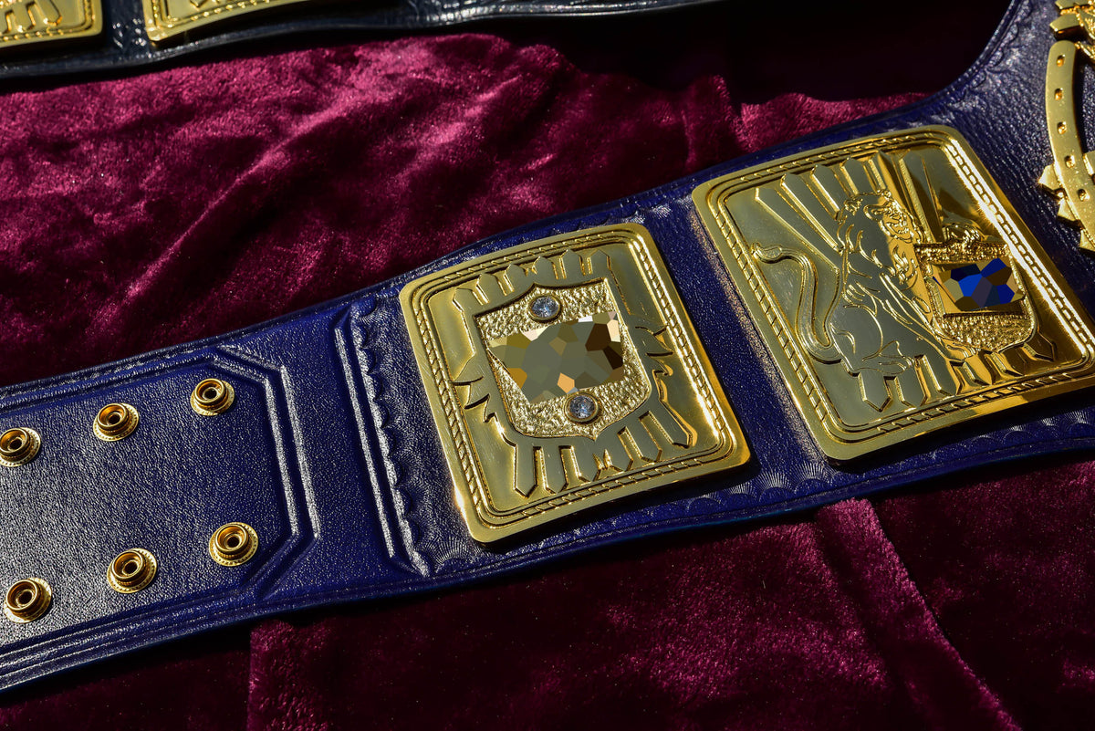 1998 W-W-F Block Logo Big Eagle Title with Blue Leather, Croc Backing, 7x10 plain snap box