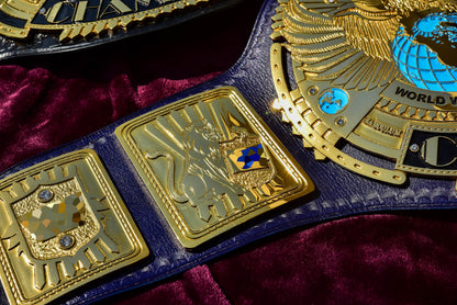 1998 W-W-F Block Logo Big Eagle Title with Blue Leather, Croc Backing, 7x10 plain snap box