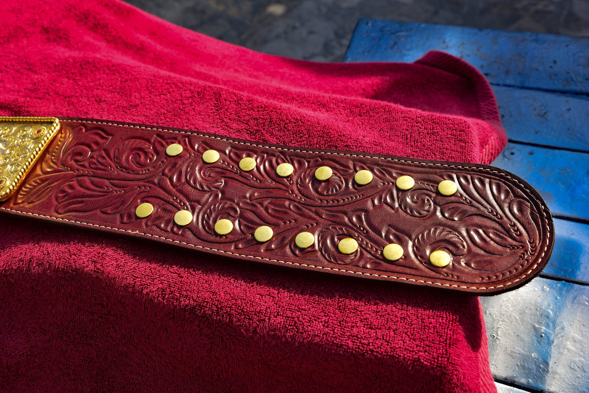 Ultimate Crumrine Big Gold on Floral Hand tooled brown leather