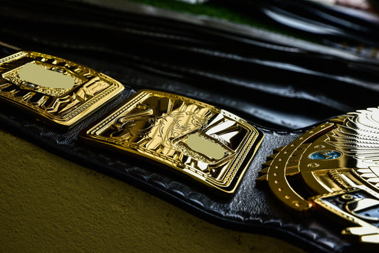 1998 W-W-F Block Logo Big Eagle Title Belt with Blue Leather Strap and Croc Backing