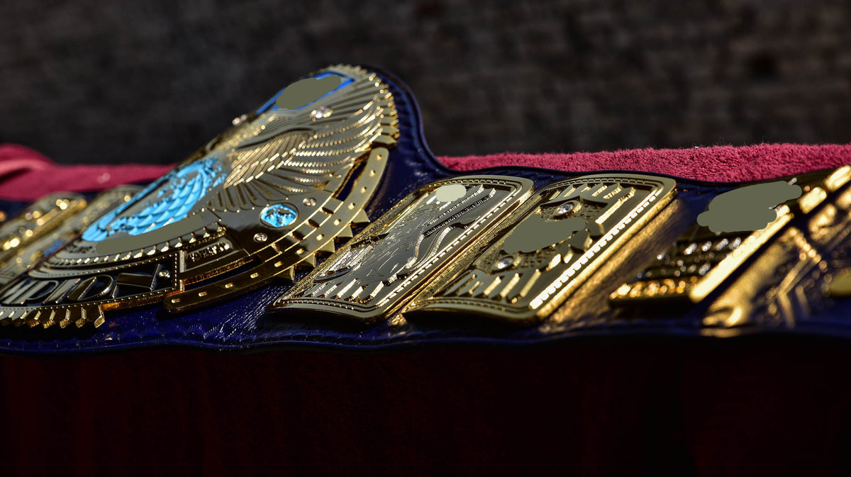 1998 W-W-F Block Logo Big Eagle Title Belt with Blue Leather Strap and Croc Backing