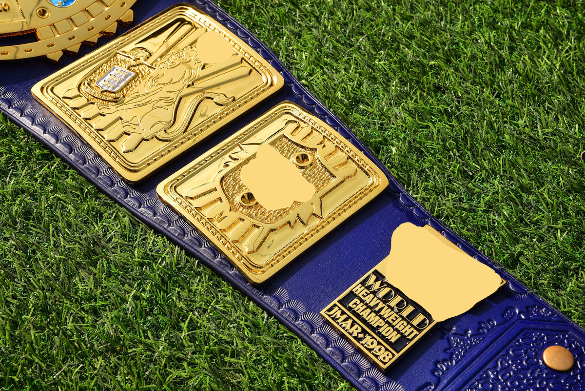 1998 W-W-F Block Logo Big Eagle Title Belt with Blue Leather Strap and Croc Backing