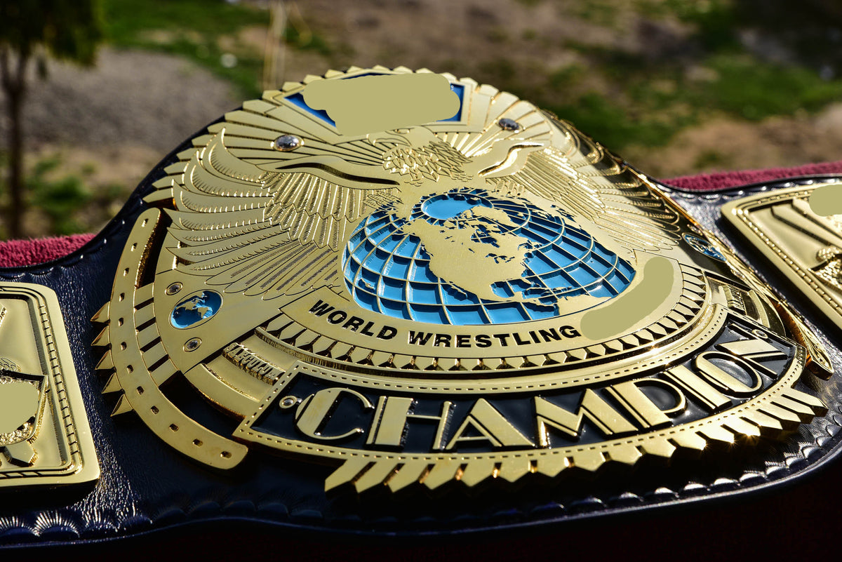 1998 W-W-F Block Logo Big Eagle Title Belt with Blue Leather Strap and Croc Backing