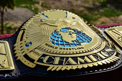 1998 W-W-F Block Logo Big Eagle Title Belt with Blue Leather Strap and Croc Backing