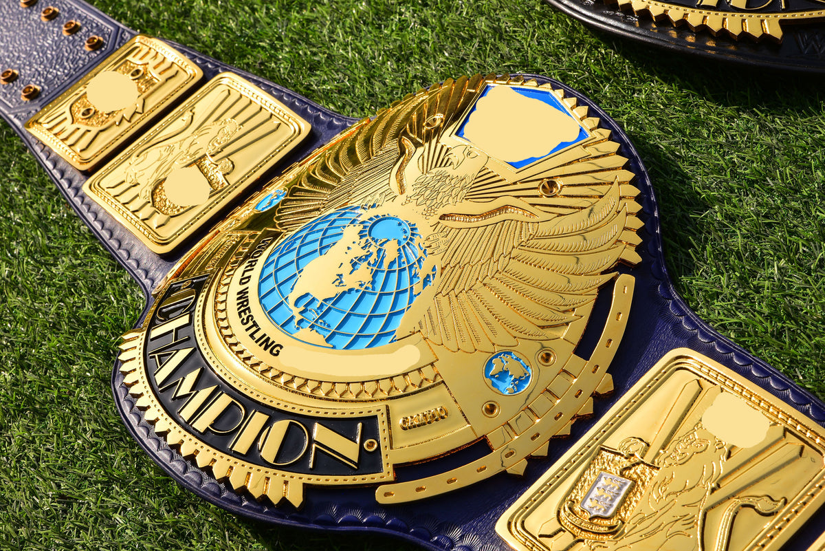 1998 W-W-F Block Logo Big Eagle Title Belt with Blue Leather Strap and Croc Backing