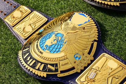 1998 W-W-F Block Logo Big Eagle Title Belt with Blue Leather Strap and Croc Backing
