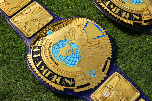 1998 W-W-F Block Logo Big Eagle Title Belt with Blue Leather Strap and Croc Backing