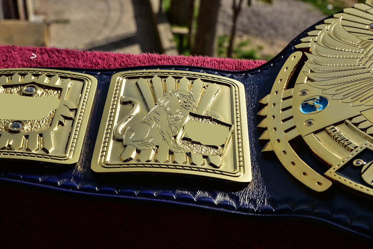 1998 W-W-F Block Logo Big Eagle Title Belt with Blue Leather Strap and Croc Backing