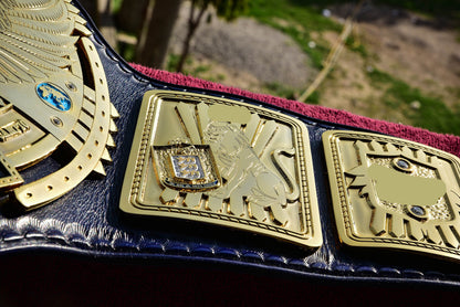 1998 W-W-F Block Logo Big Eagle Title Belt with Blue Leather Strap and Croc Backing