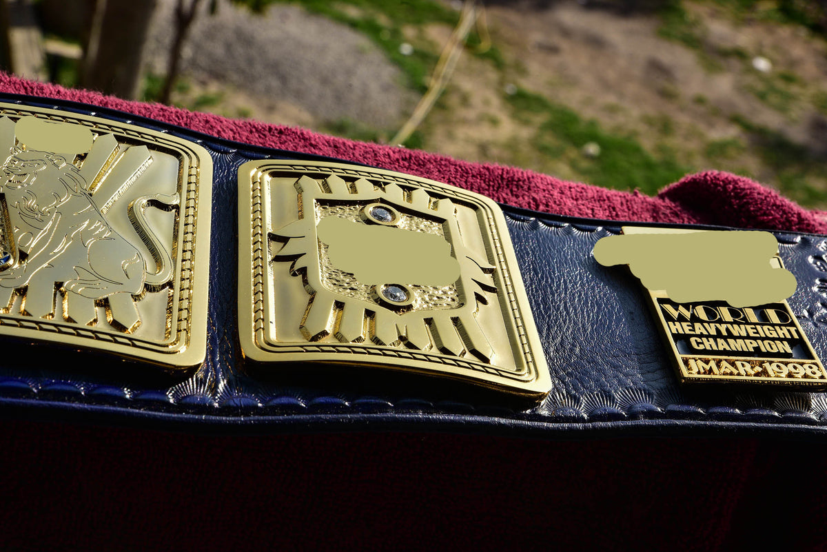 1998 W-W-F Block Logo Big Eagle Title Belt with Blue Leather Strap and Croc Backing