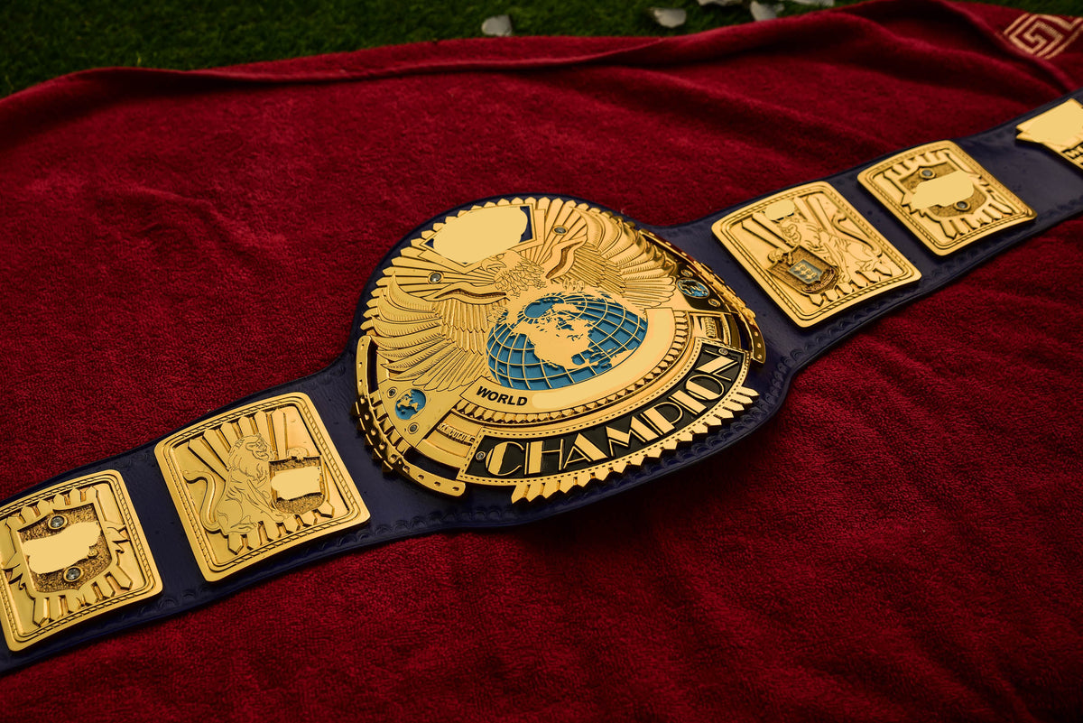 1998 W-W-F Block Logo Big Eagle Title with Blue Leather, Croc Backing, 5x8 Snaps and Wide Gaps