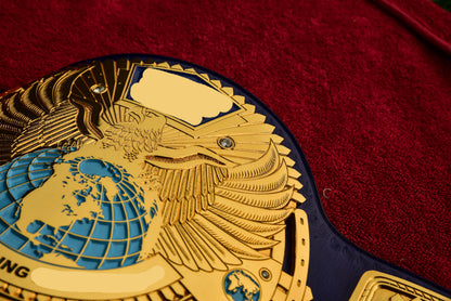 1998 W-W-F Block Logo Big Eagle Title with Blue Leather, Croc Backing, 5x8 Snaps and Wide Gaps