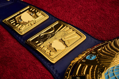 1998 W-W-F Block Logo Big Eagle Title with Blue Leather, Croc Backing, 5x8 Snaps and Wide Gaps