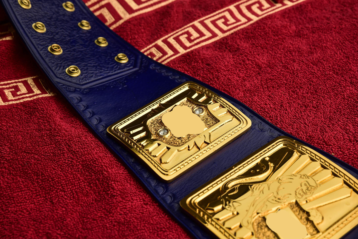 1998 W-W-F Block Logo Big Eagle Title with Blue Leather, Croc Backing, 5x8 Snaps and Wide Gaps