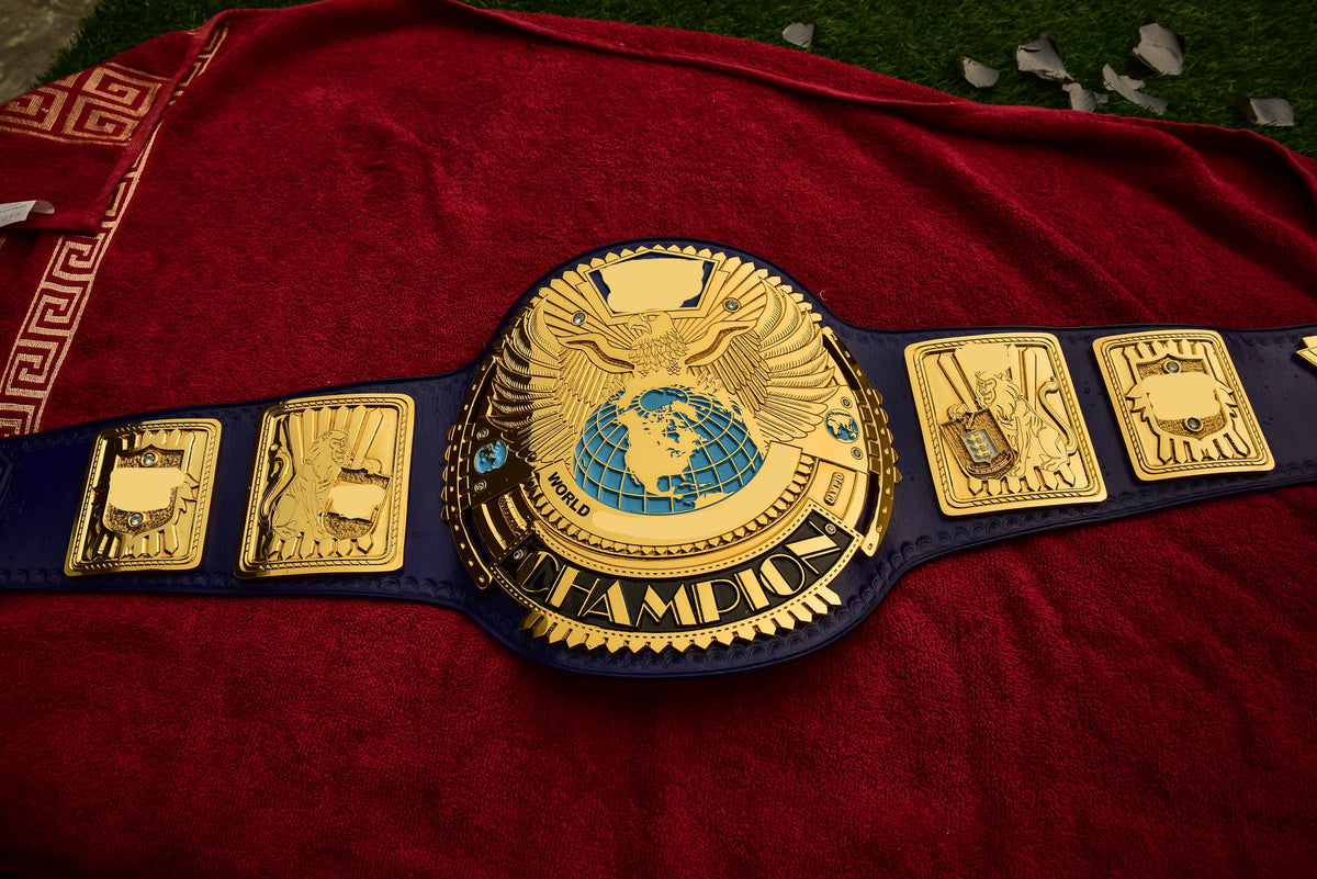 1998 W-W-F Block Logo Big Eagle Title with Blue Leather, Croc Backing, 5x8 Snaps and Wide Gaps