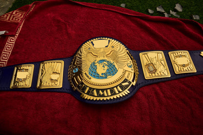 1998 W-W-F Block Logo Big Eagle Title with Blue Leather, Croc Backing, 5x8 Snaps and Wide Gaps