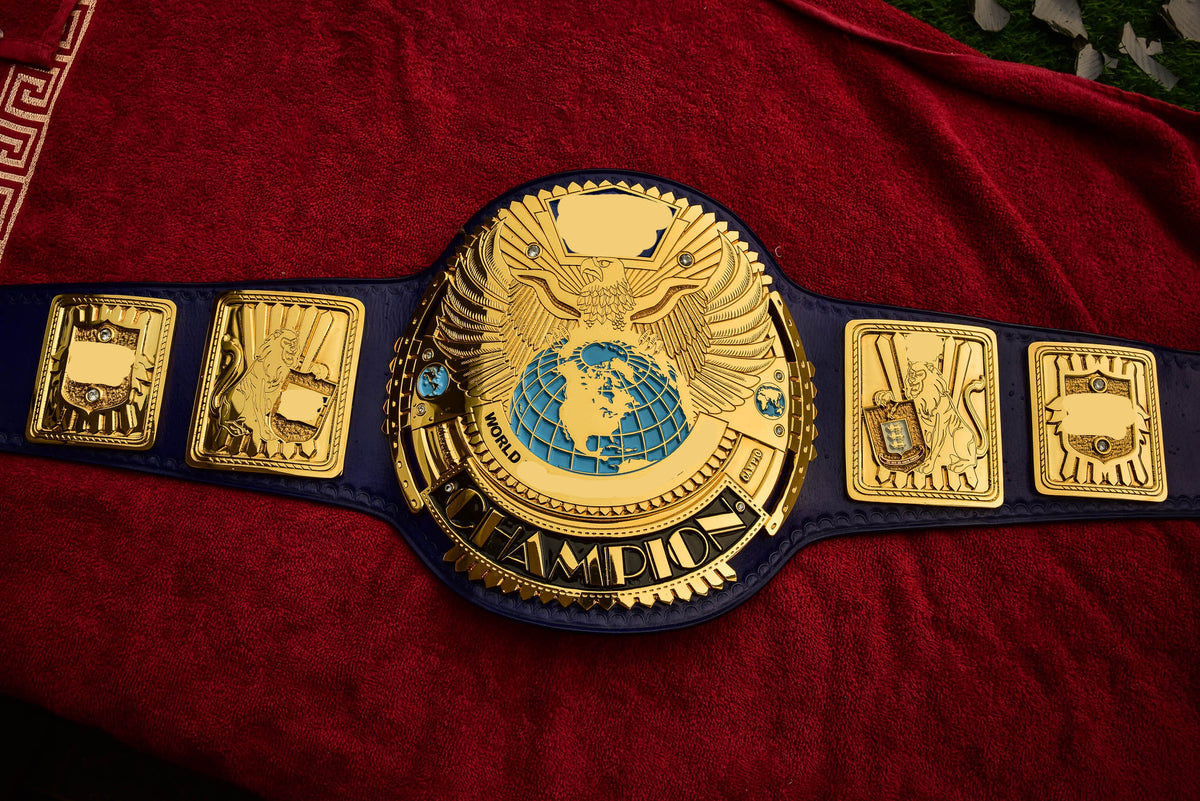 1998 W-W-F Block Logo Big Eagle Title with Blue Leather, Croc Backing, 5x8 Snaps and Wide Gaps