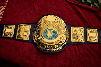 1998 W-W-F Block Logo Big Eagle Title with Blue Leather, Croc Backing, 5x8 Snaps and Wide Gaps
