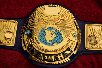 1998 W-W-F Block Logo Big Eagle Title with Blue Leather, Croc Backing, 5x8 Snaps and Wide Gaps