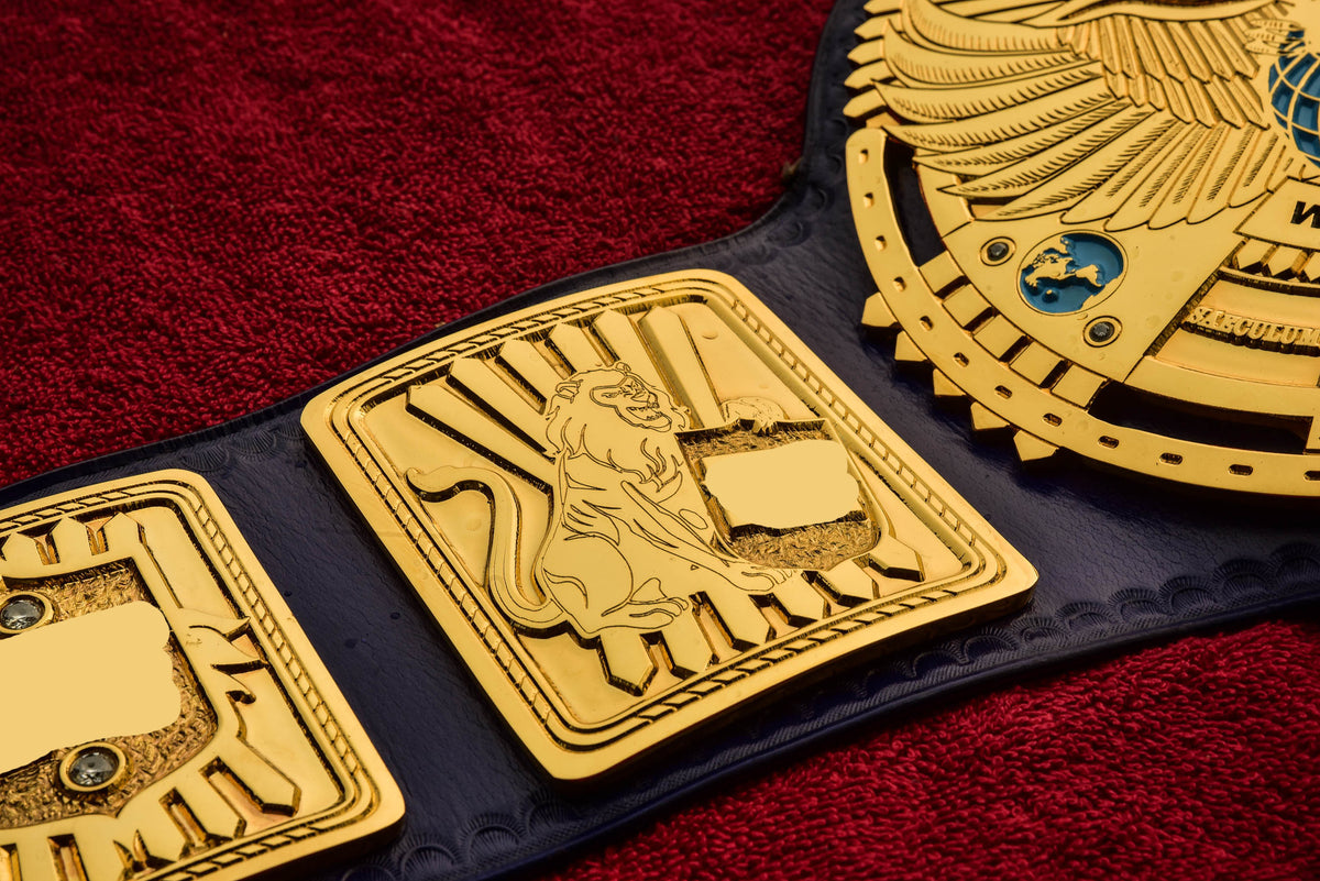 1998 W-W-F Block Logo Big Eagle Title with Blue Leather, Croc Backing, 5x8 Snaps and Wide Gaps