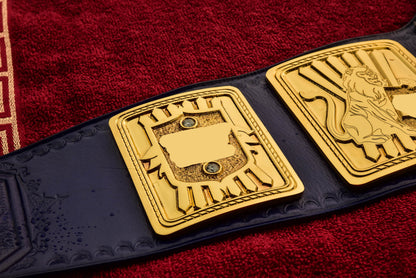 1998 W-W-F Block Logo Big Eagle Title with Blue Leather, Croc Backing, 5x8 Snaps and Wide Gaps