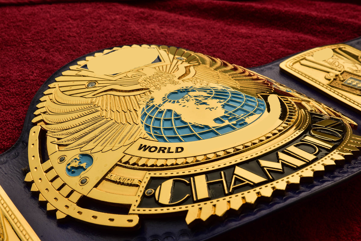 1998 W-W-F Block Logo Big Eagle Title with Blue Leather, Croc Backing, 5x8 Snaps and Wide Gaps
