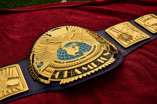 1998 W-W-F Block Logo Big Eagle Title with Blue Leather, Croc Backing, 5x8 Snaps and Wide Gaps
