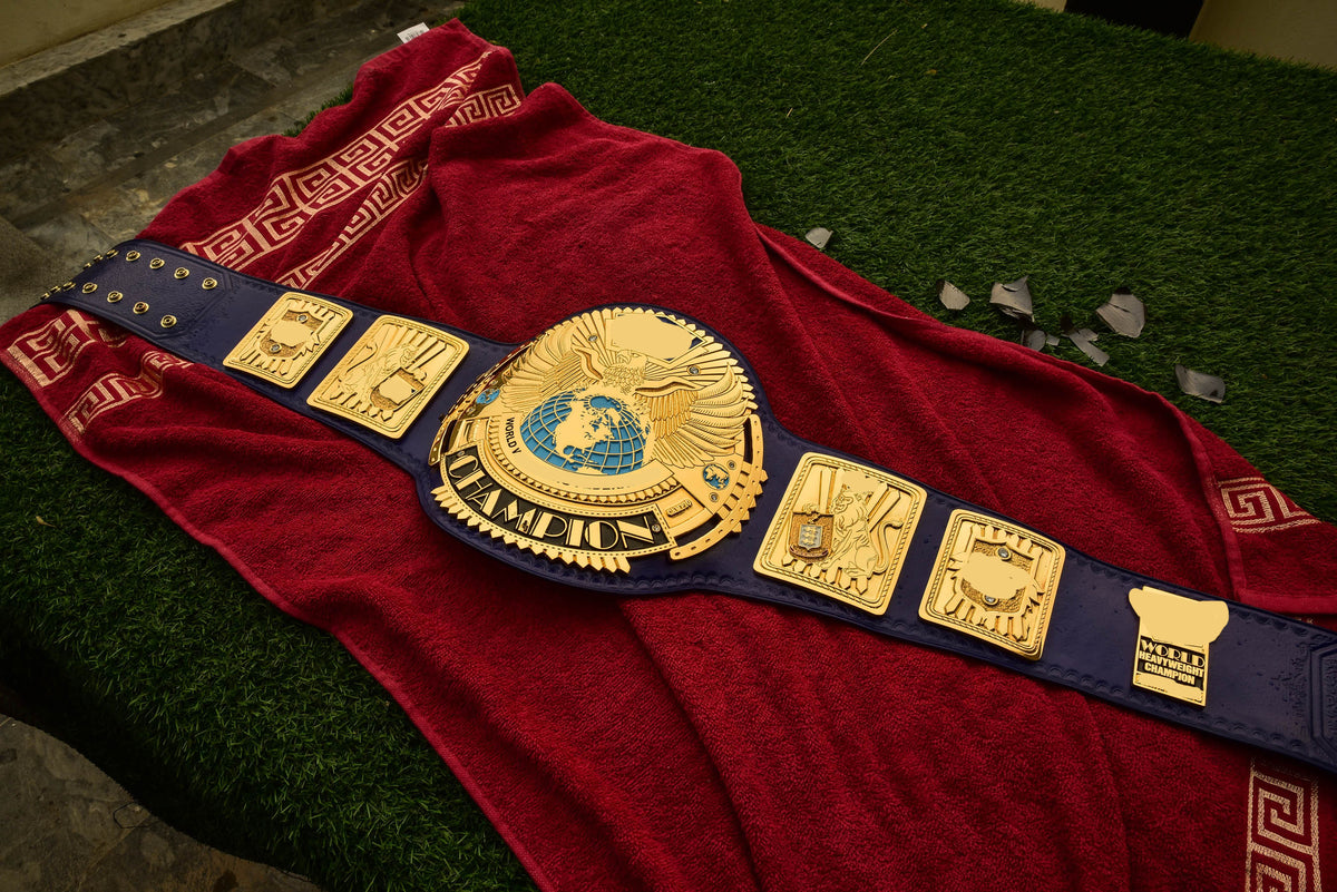 1998 W-W-F Block Logo Big Eagle Title with Blue Leather, Croc Backing, 5x8 Snaps and Wide Gaps