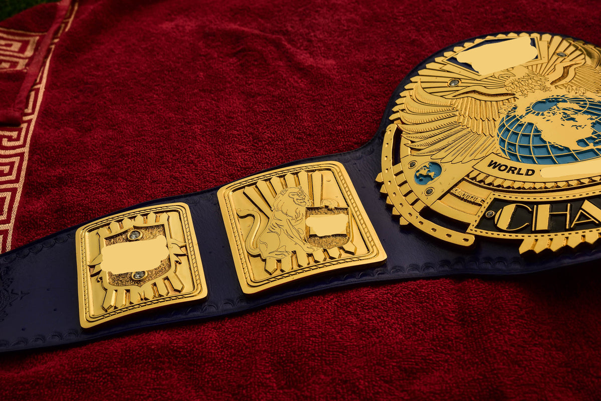 1998 W-W-F Block Logo Big Eagle Title with Blue Leather, Croc Backing, 5x8 Snaps and Wide Gaps