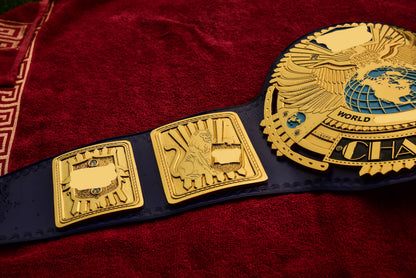 1998 W-W-F Block Logo Big Eagle Title with Blue Leather, Croc Backing, 5x8 Snaps and Wide Gaps