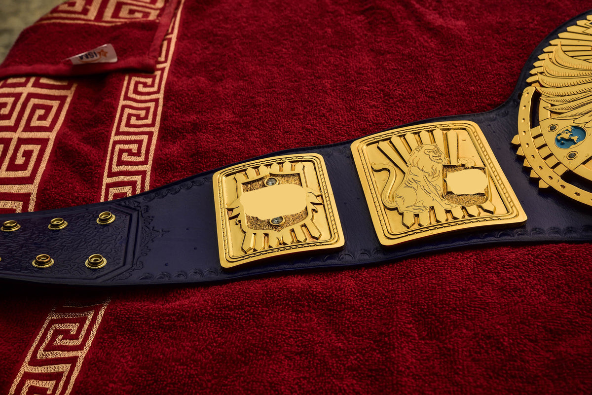 1998 W-W-F Block Logo Big Eagle Title with Blue Leather, Croc Backing, 5x8 Snaps and Wide Gaps