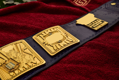 1998 W-W-F Block Logo Big Eagle Title with Blue Leather, Croc Backing, 5x8 Snaps and Wide Gaps