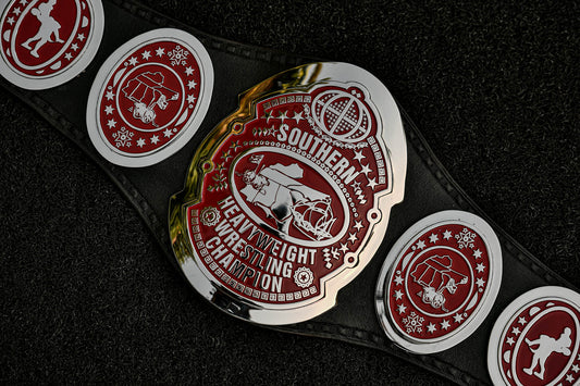 NWA Southern Heavyweight Championship Title — Chrome Version with Red Stripe in Leather