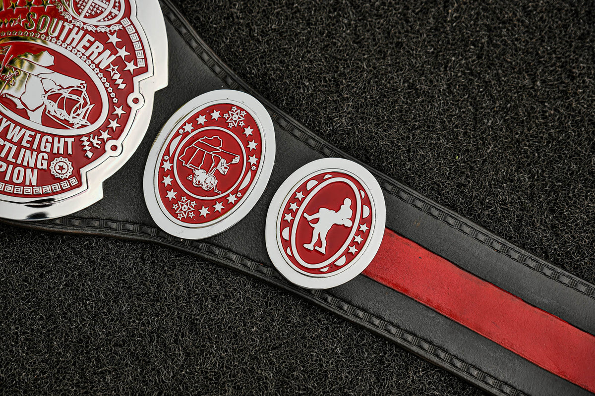 NWA Southern Heavyweight Championship Title — Chrome Version with Red Stripe in Leather