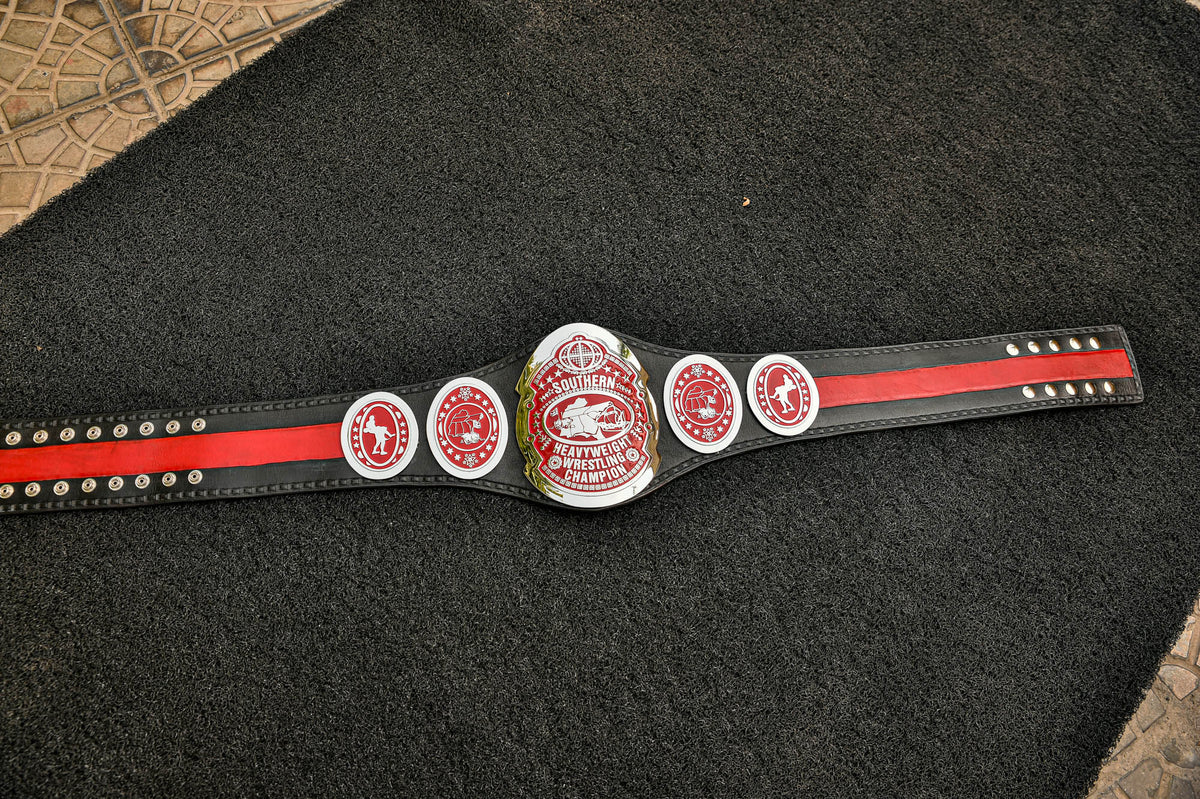 NWA Southern Heavyweight Championship Title — Chrome Version with Red Stripe in Leather