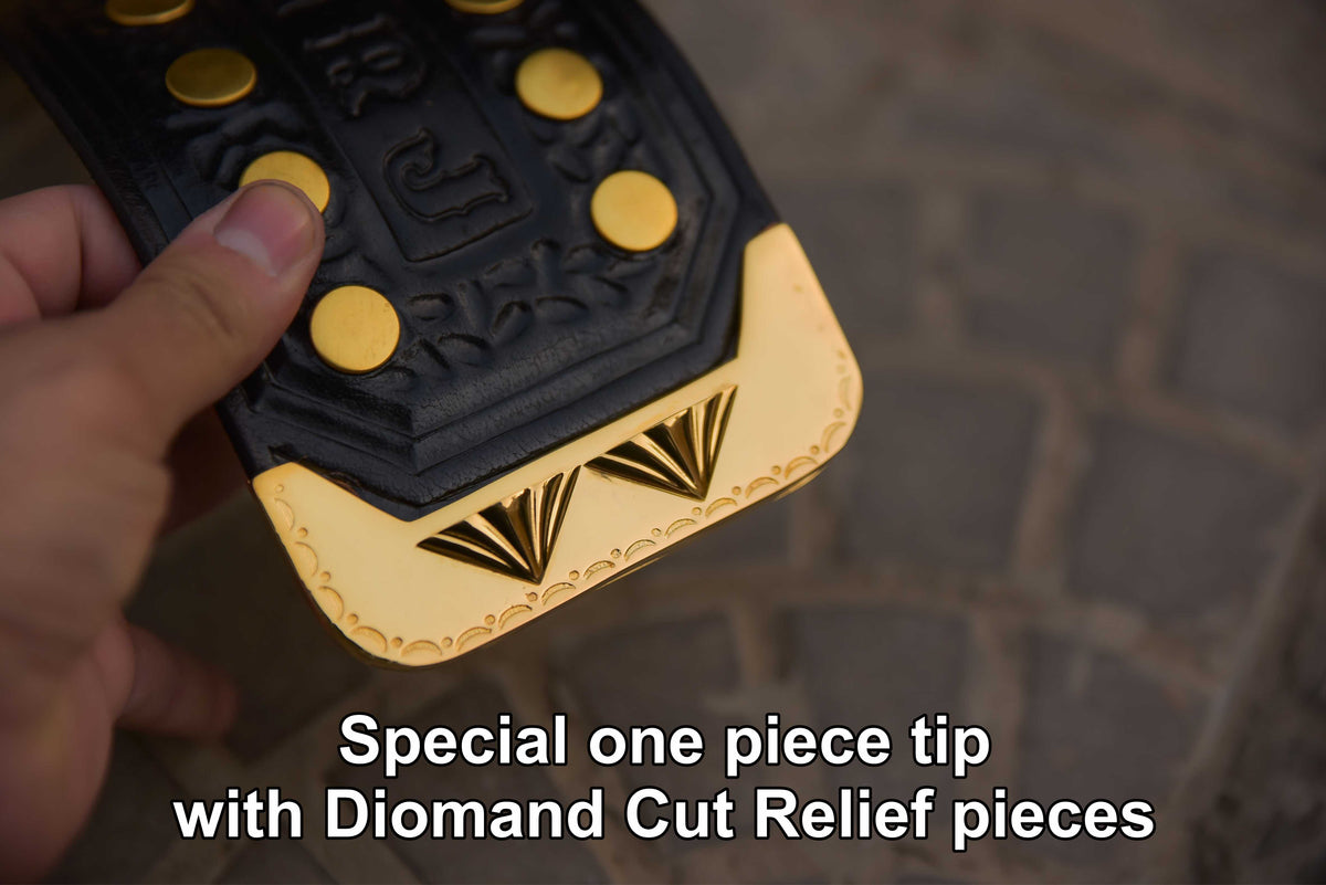 Vegas Big Gold on Custom made leather with Special Tip with Relief diamond cut pieces