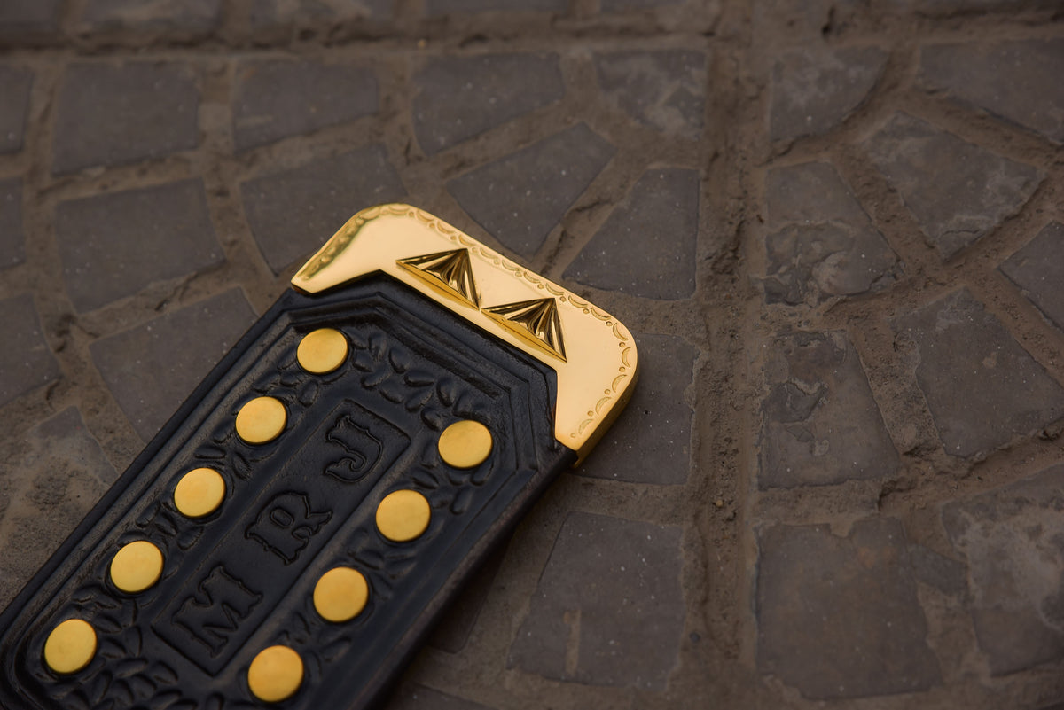 Vegas Big Gold on Custom made leather with Special Tip with Relief diamond cut pieces