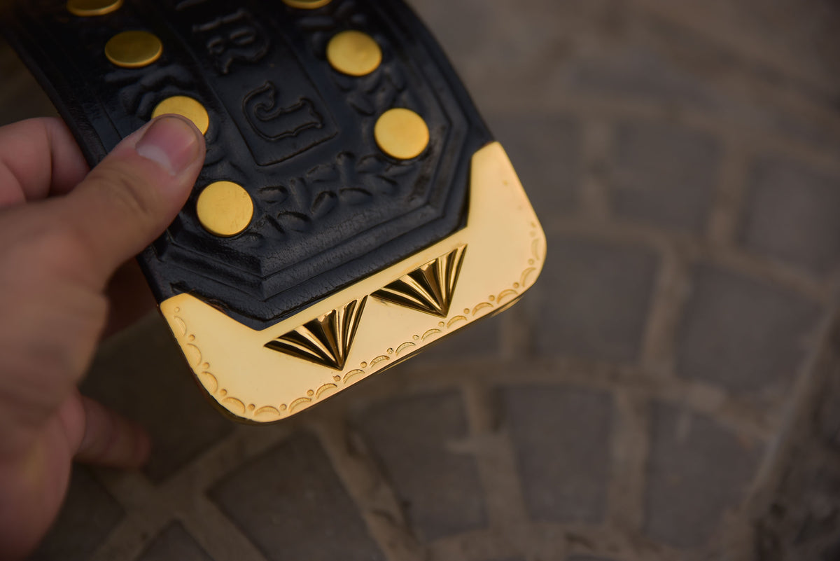 Vegas Big Gold on Custom made leather with Special Tip with Relief diamond cut pieces
