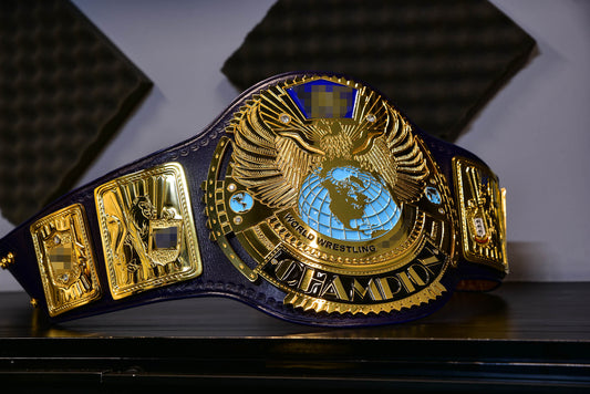 1998 W-W-F Block Logo Big Eagle Title with Blue Leather, Croc Backing, 5x8 Snaps and Wide Gaps In Stocl